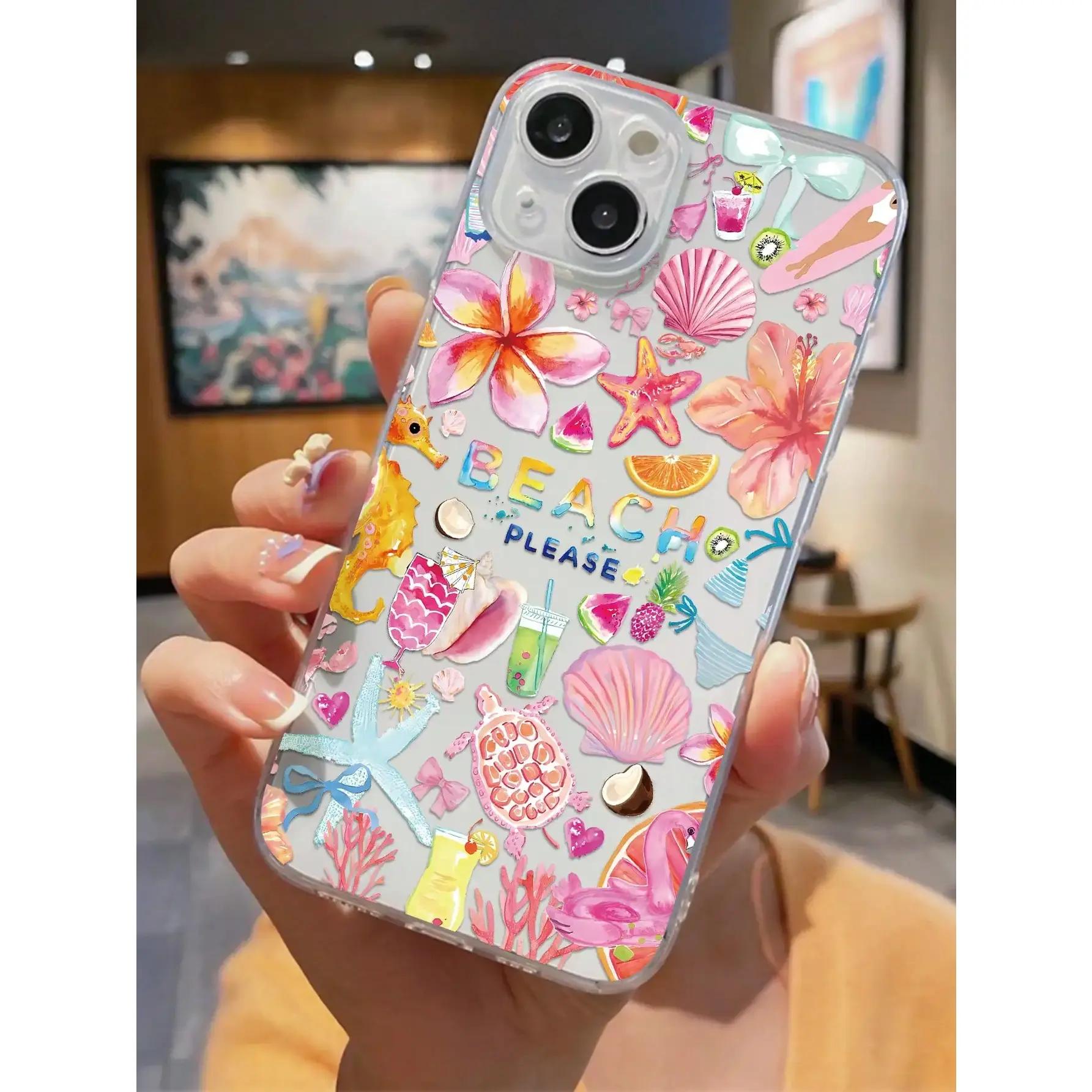 Tropical Summer Beach Clear Case for iPhone 16 12 13 mini 11 14 15 Pro Max XR 8 Plus Seashell Hibiscus Fruit Soft Silicone Cover