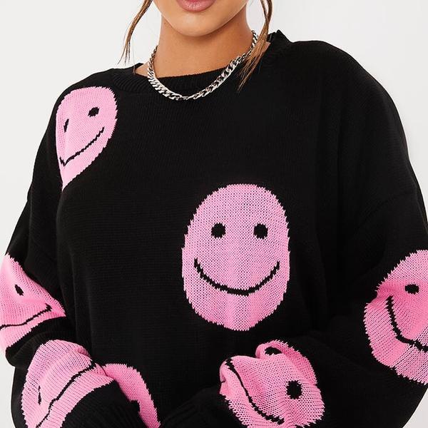Pink Crew Neck Jumper With Smiley Face Print