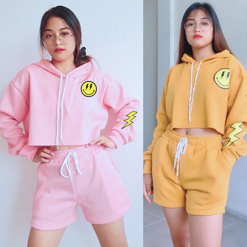 Latice Smiley Premium Crop Top Hoodie Short Coordinates Trendy OOTD
