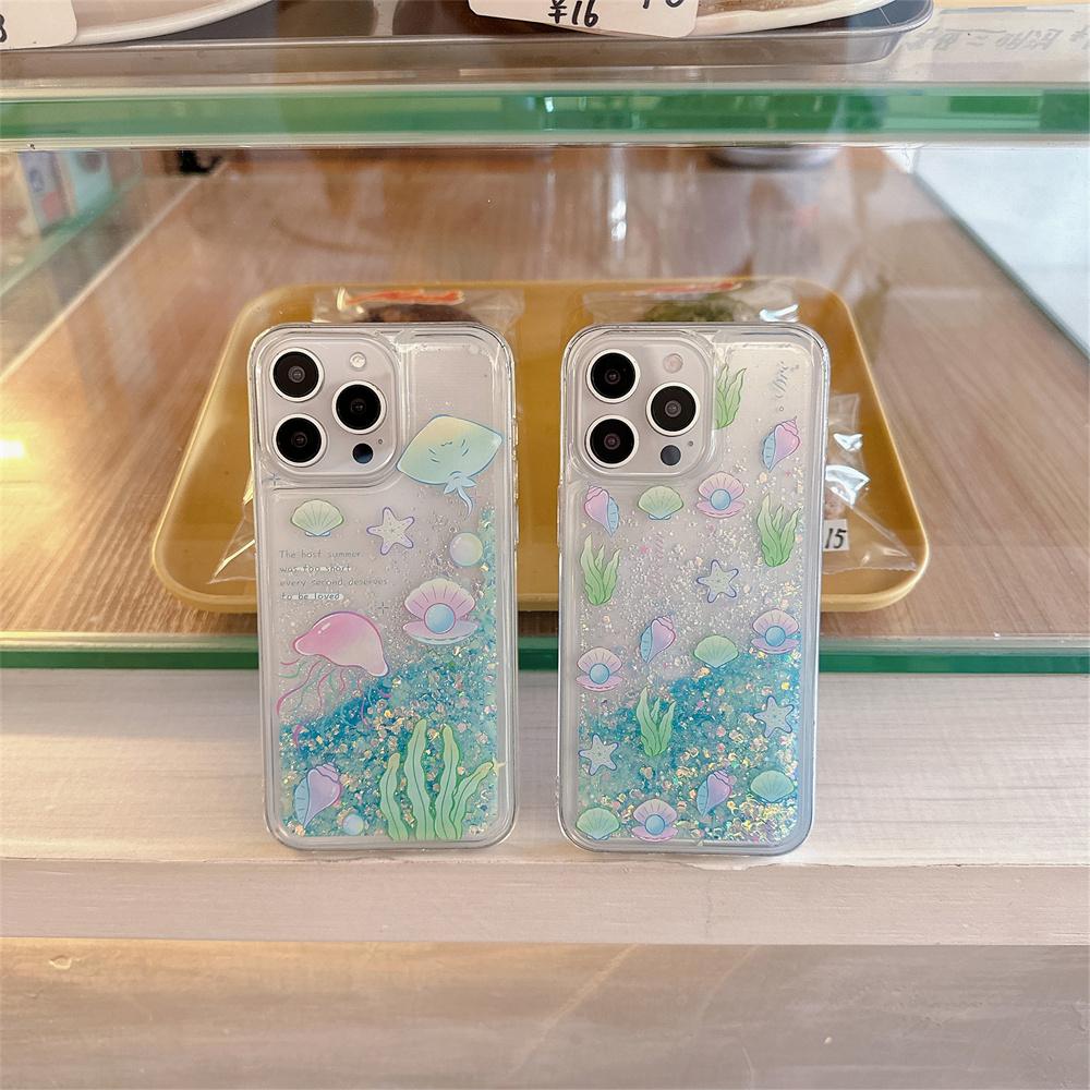 Glow In The Dark Jellyfish Conch Patterned Glitter Bling Soft Case For iPhone 14 15 11 12 Pro 13 X XS Max 7 8 XR Luminous Cover