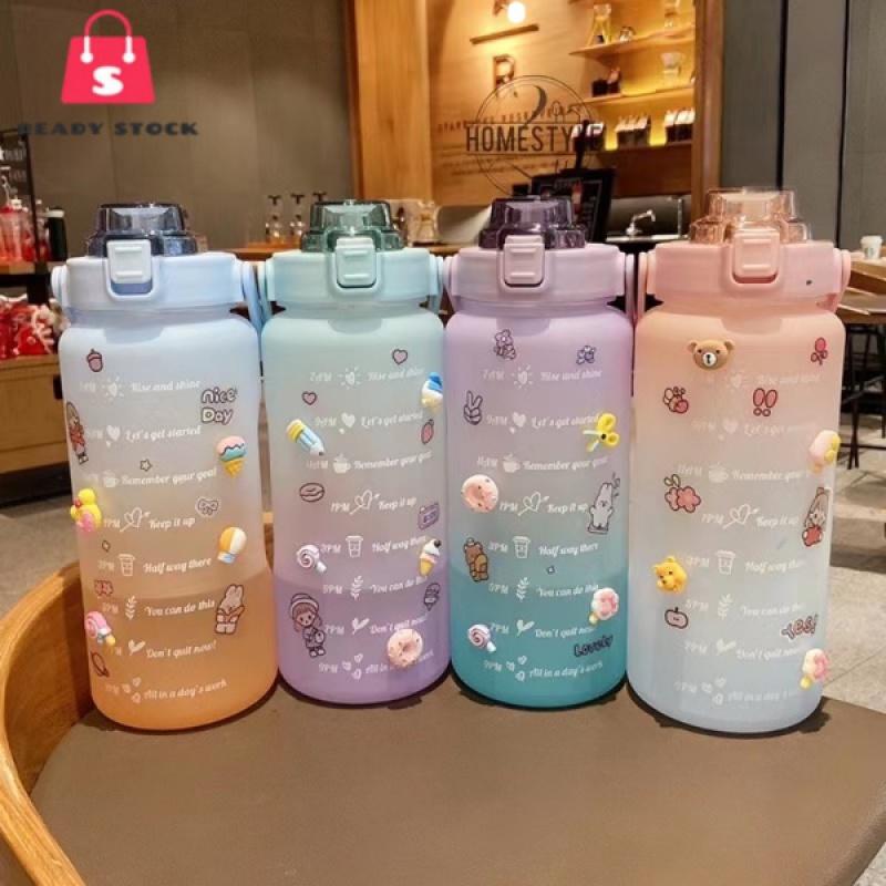 2000ml Water Bottle with Straw Cute Portable Scale Bottle for Water O…