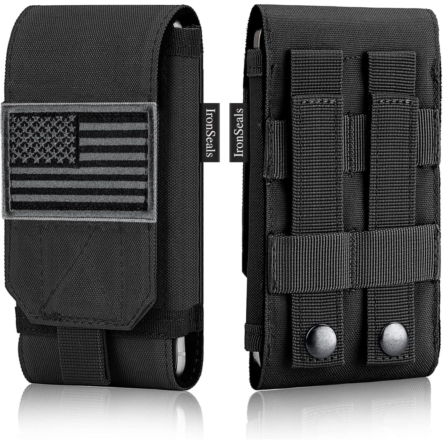 IronSeals Tactical Molle Phone Cover Case - Heavy Duty Loop Belt Holster Pouch With Flag Patch - For iPhone 16/15/14/13/12 Pro Max, Galaxy S24 Ultra