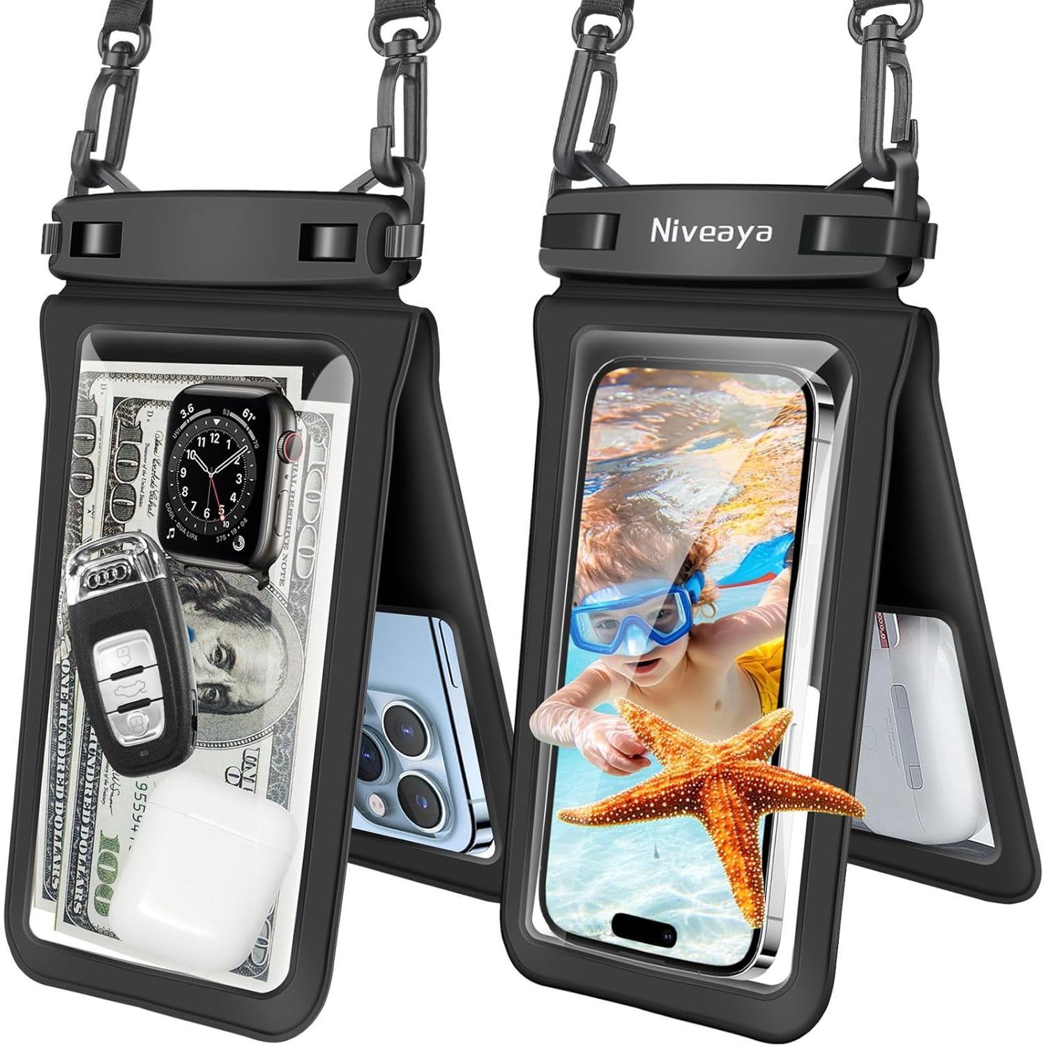 Niveaya Double Space Waterproof Phone Pouch - 2 Pack, Waterproof Phone Lanyard Case with iPhone 16/15/14/13/12 Pro Max up to 8.3