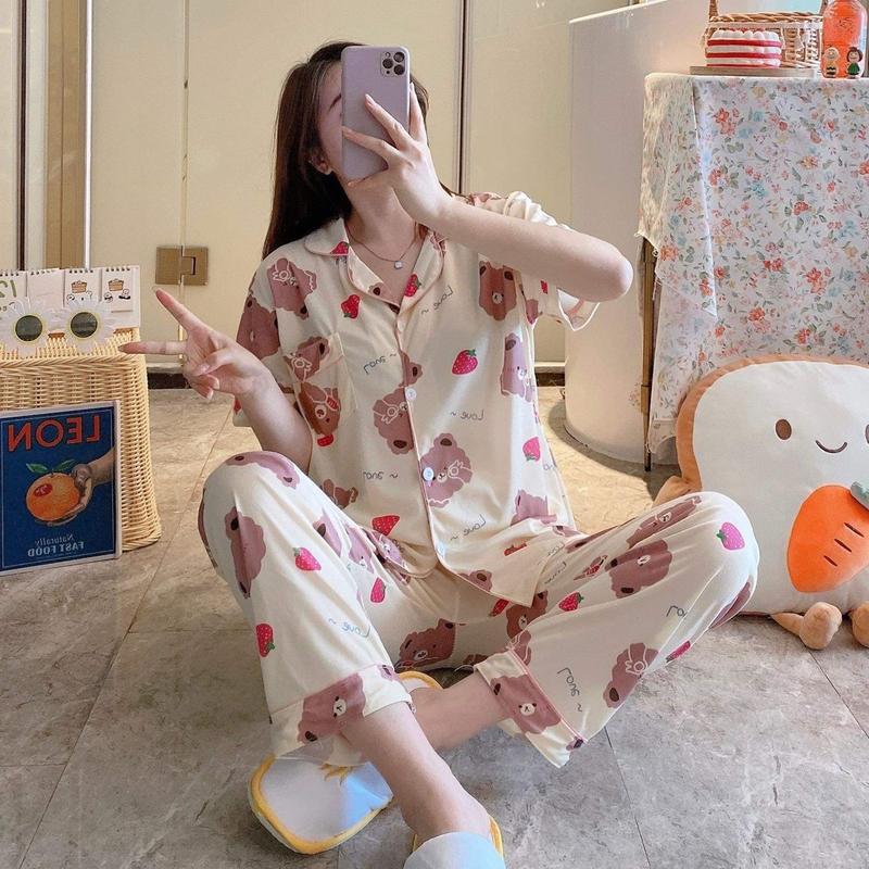 bộ ngủ tay cộc quần dài gấu quả dâu