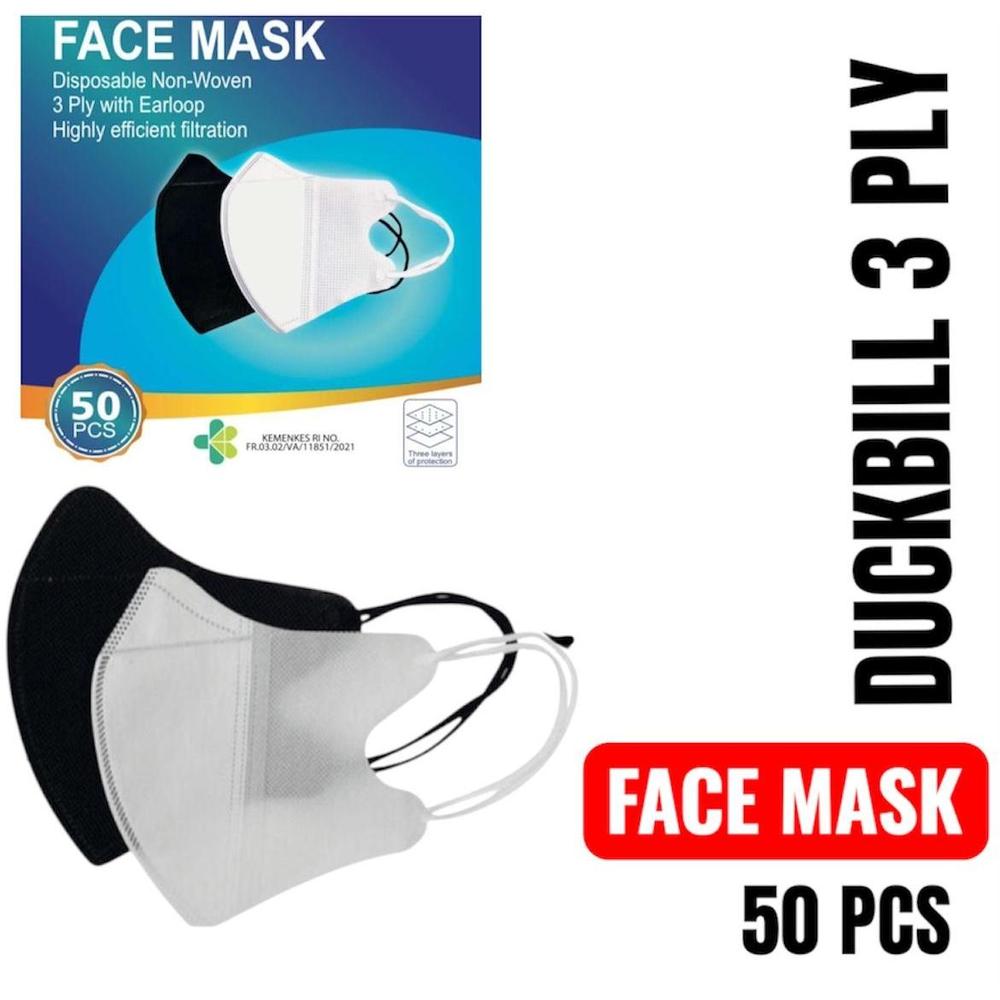 MASKER DUCKBILL ISI 50 HITAM PUTIH MASKER FACE MASK REKOMENDASI MASKER KESEHATAN - DB FACE PUTIH