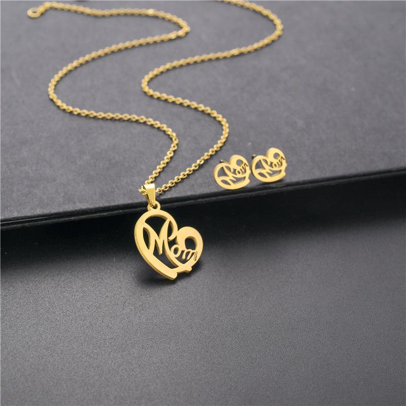 Stainless Steel Gold Silver Color MOM Letter Necklace Earrings Set Love Heart Mom Daughter Figure Jewelry Set Mother's Day Gift_voghion.com