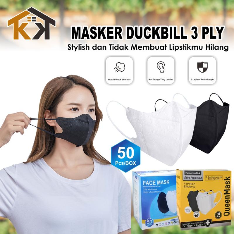 (KK) Masker Duckbill 1box 50pcs / Masker Earloop Polos 3D 3ply Mask E…