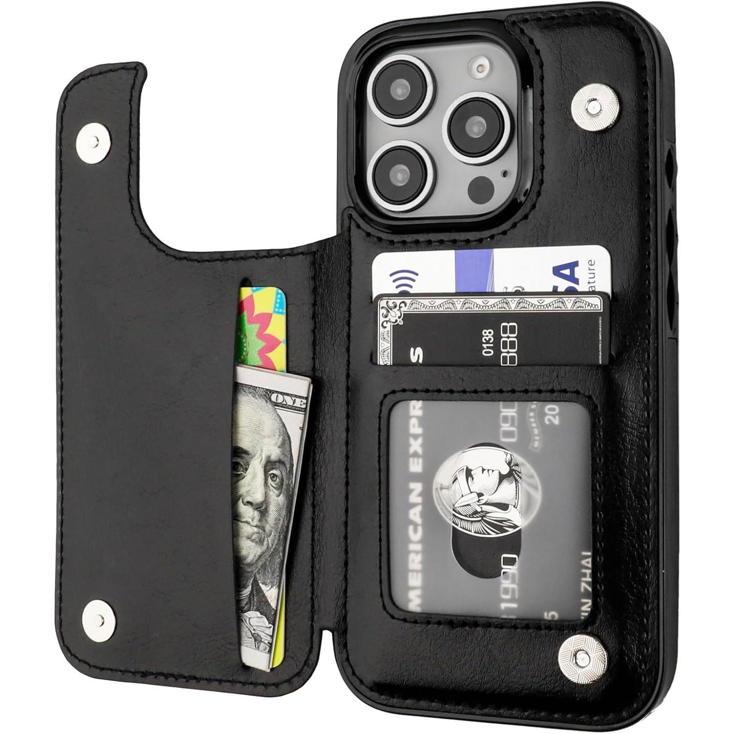 ONETOP Compatible with iPhone 16 Pro Wallet Case with Card Holder, PU Leather Kickstand Card Slots Case, Double Magnetic Clasp and Durable Shockproof Cover 6.3 Inch (Black)