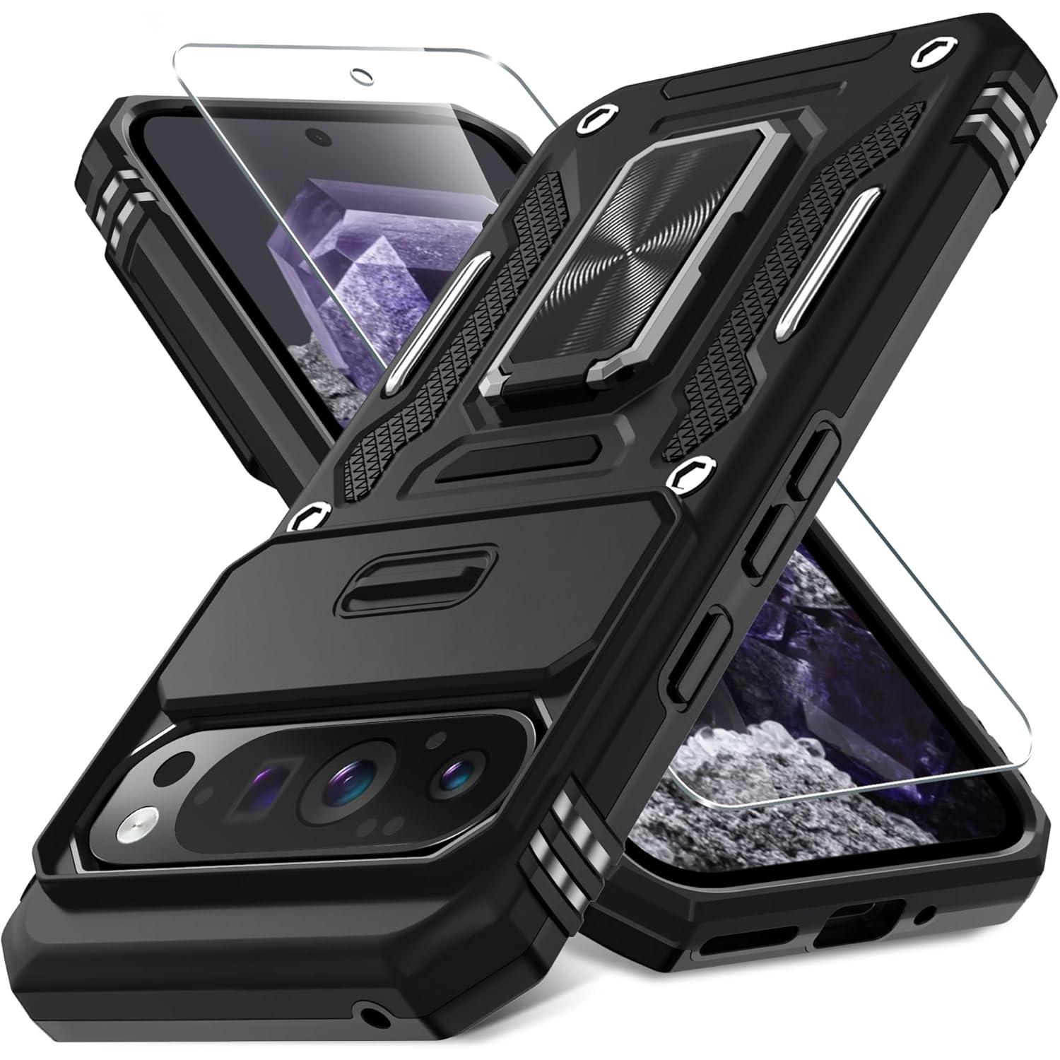 DEERLAMN Case for Google Pixel 9 Pro XL with Slide Camera Cover+Screen Protector(1 Pack), Rotated Ring Kickstand Military Grade Shockproof Protective Cover-Black
