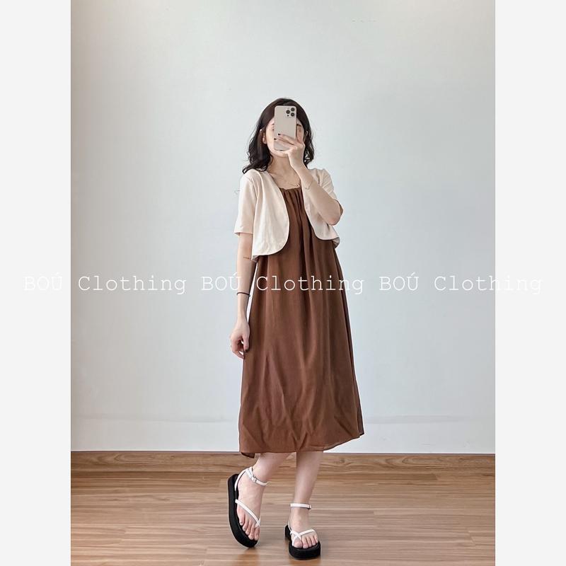 Set đầm midi 2dây + cardigan tay ngắn tiểu thư dành cho nữ (Ảnh thật)
