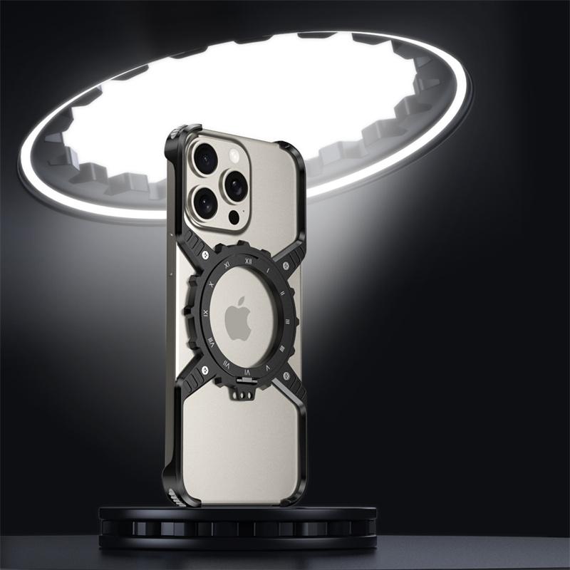 Magnetic Metal Aluminium Alloy Rimless 360° Bracket  scale luminous Phone Case For iPhone 16 15 14 13 Pro Max Shockproof Cover