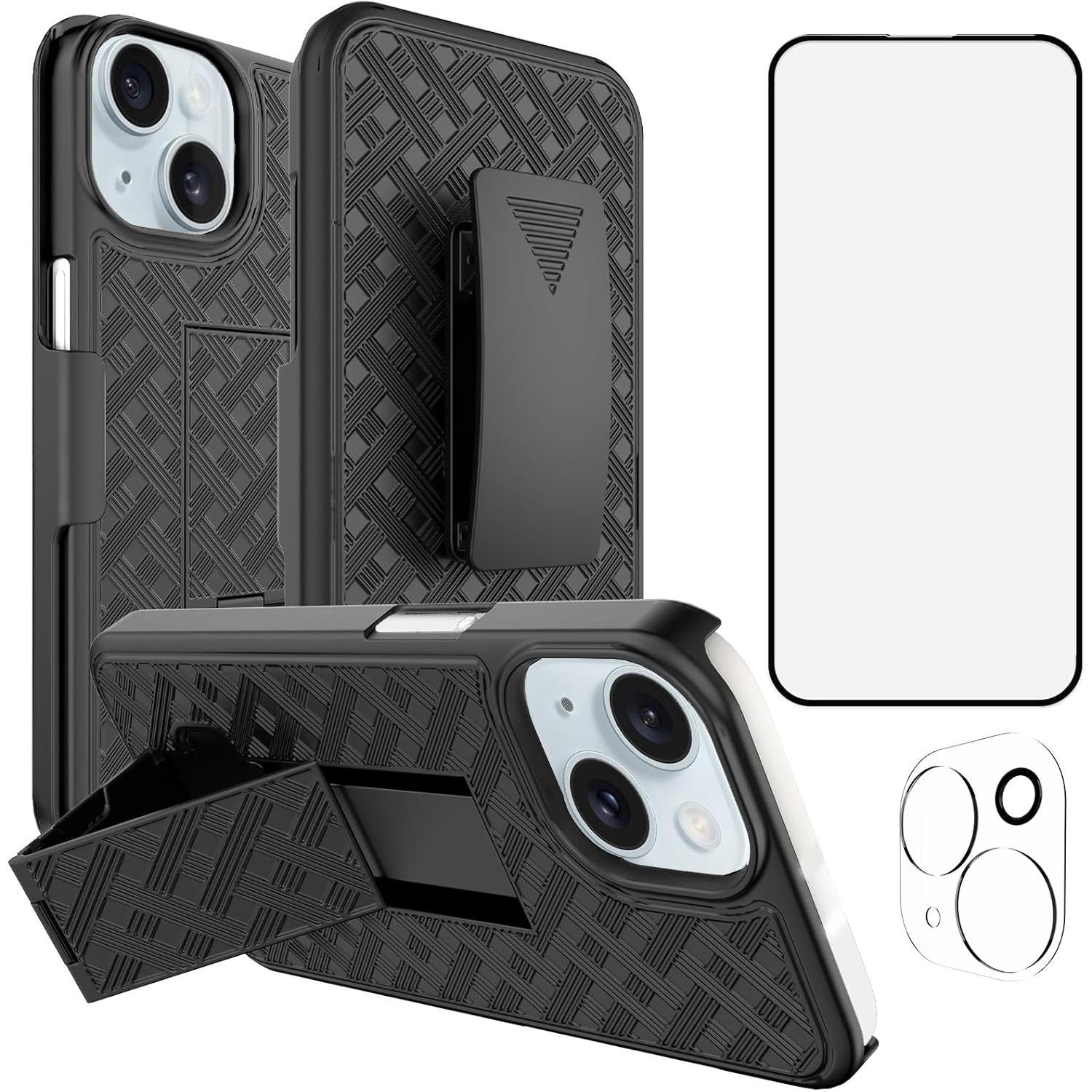 Ailiber for iPhone 15 Case with Belt Clip, Holster Case with Screen Protector, Swivel Kickstand Holder, Slim Shockproof Shell Full Body Pouch Phone Cover for iPhone 15 6.1 Inch - Black