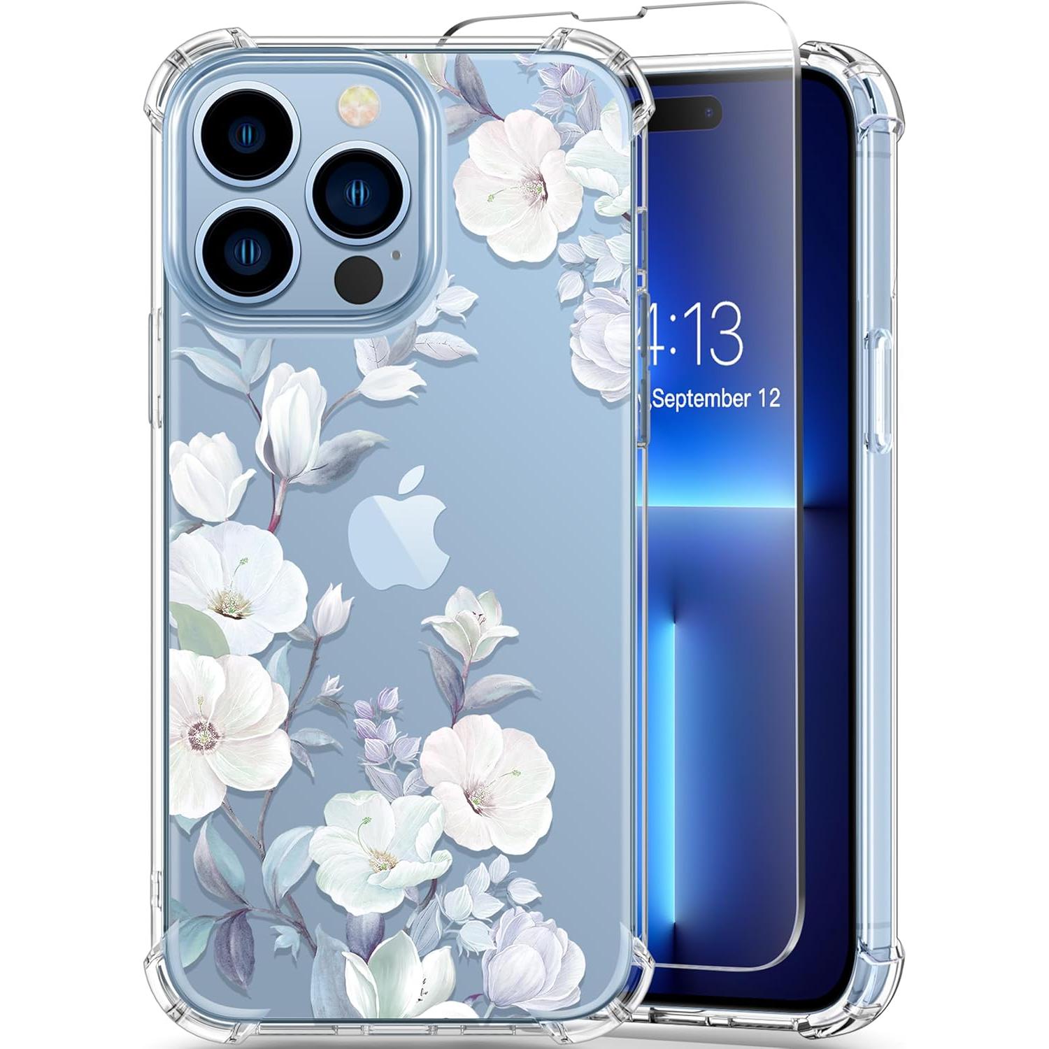 GVIEWIN for iPhone 13 Pro Case with Screen Protector & Camera Lens Protector, [10FT Military Grade Drop Protection] Clear Shockproof Slim Fit Floral Phone Case for Women Girls 6.1