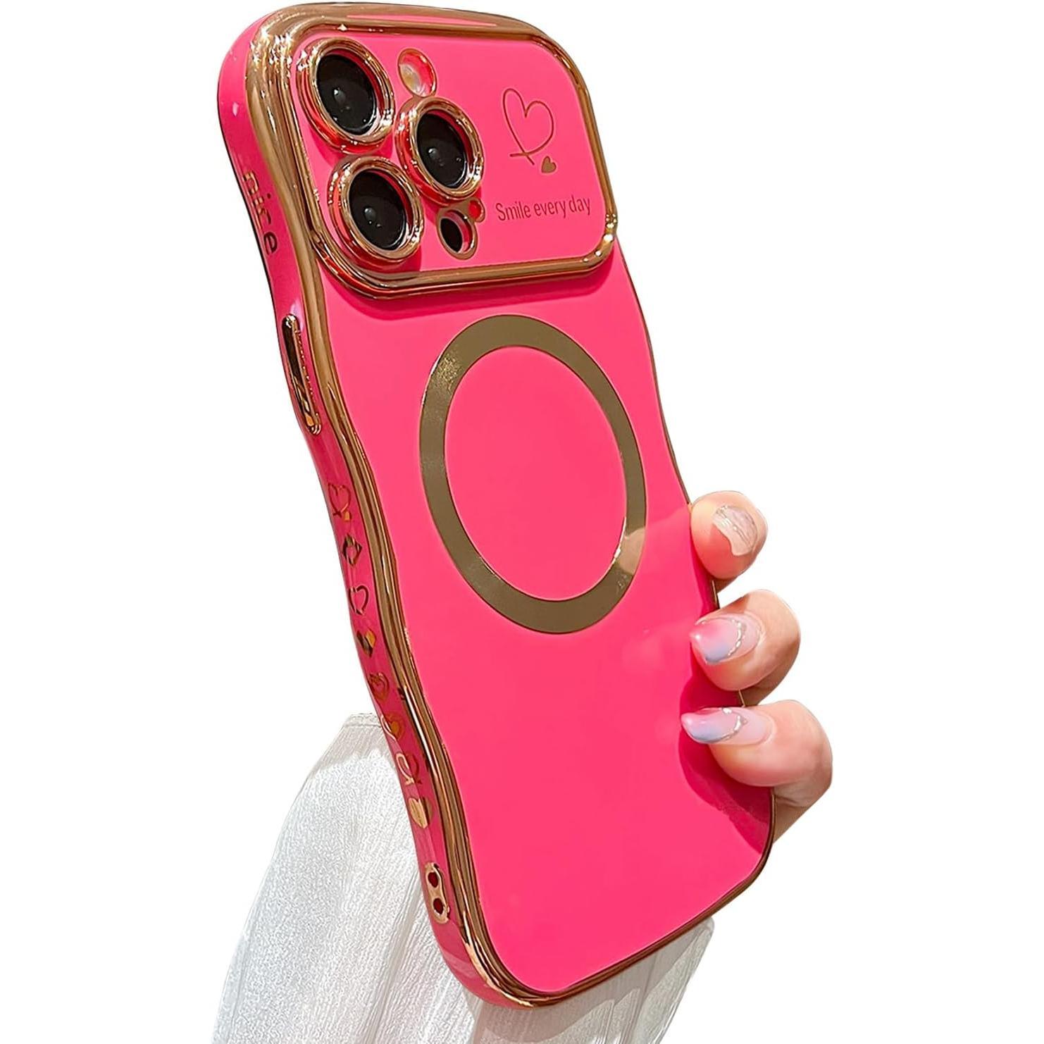 for iPhone 15 Pro Max Case Magnetic,for Women Girls Soft Cute Wave Frame Curly Shape Love Heart Luxury Plating Phone Case Compatible with MagSafe Shockproof Back Cover 6.7