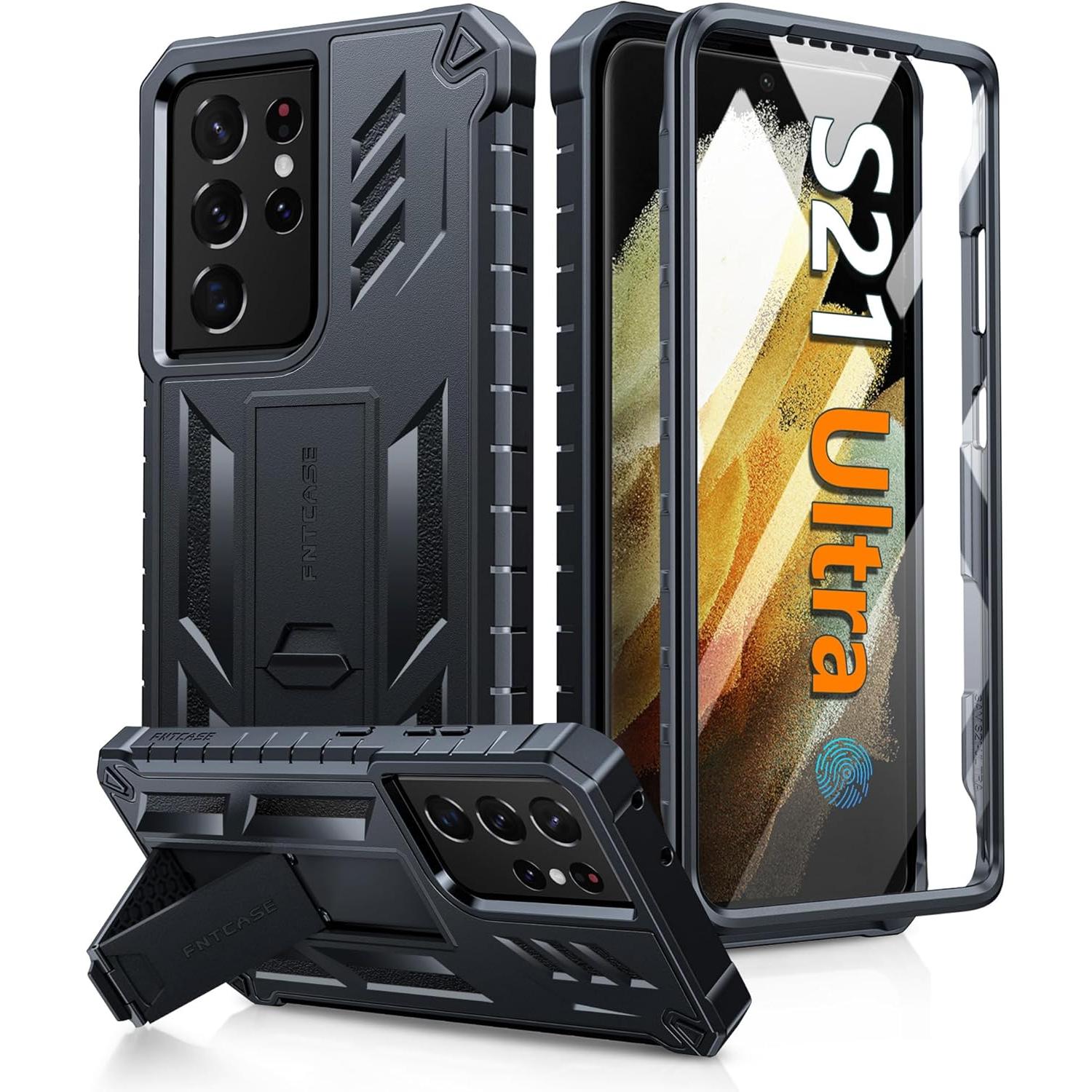 FNTCASE for Samsung Galaxy S21-Ultra Case: Military Grade Rugged Cell Phone Cover with Kickstand | Shockproof TPU Protection Bumper Matte Textured Design for Samsung S21 Ultra Cases 6.8 inches (Black)