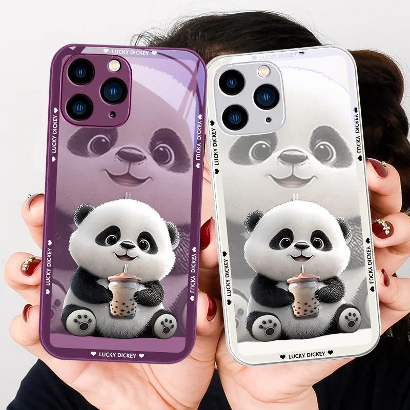 Purple Metallic Paint Tempered Glass Phone Case for Iphone 14 13 12 11 Pro Max X XS XR 7 8 Plus 2020 SE Cute Panda with Milk Tea-CoolChinaGoods