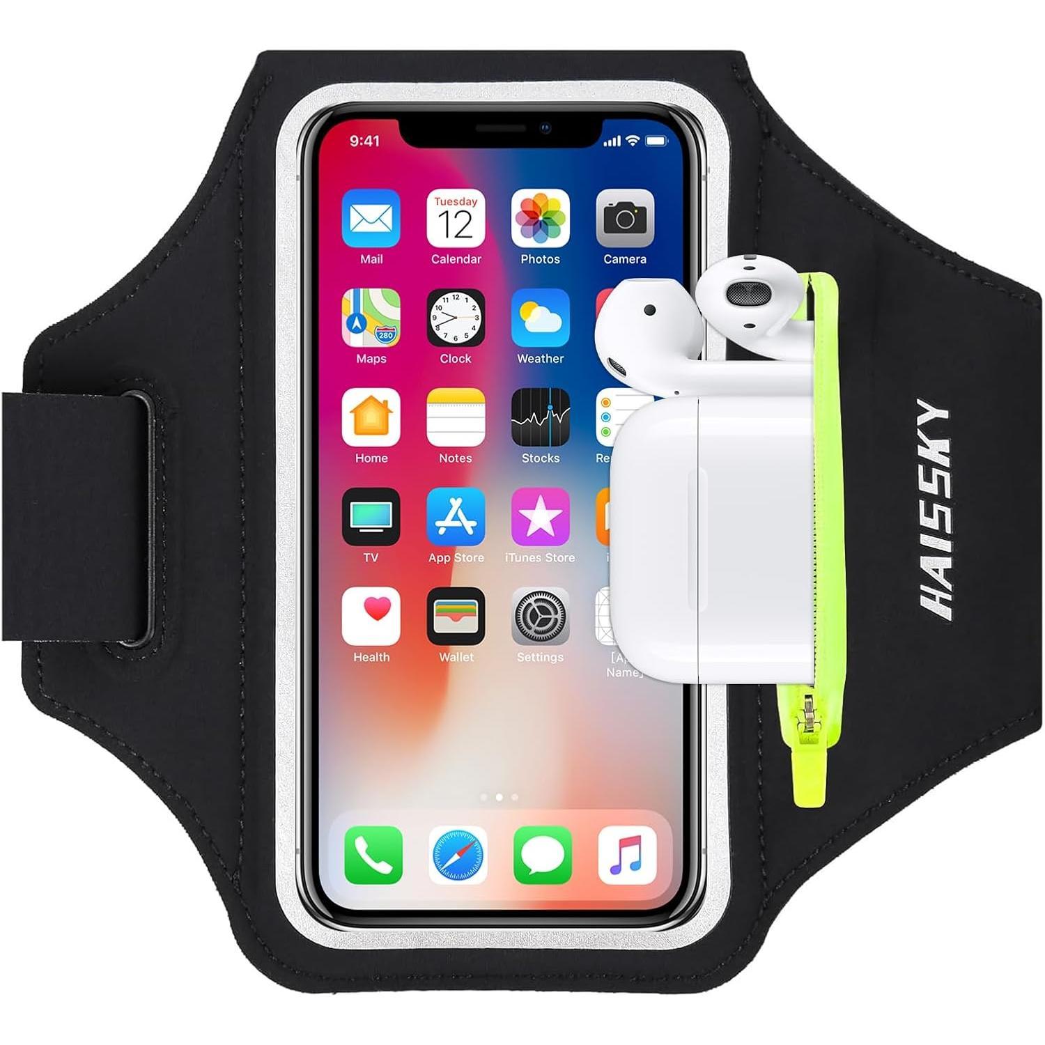 Running Armband with Earphone Bag Cell Phone Armband for iPhone 16 15 Pro 14 Plus 13 11 XR XS, Galaxy S24/S10 Water Resistant Sports Phone Holder Case & Zipper Slot Car Key Holder for 6.7 inch Phone
