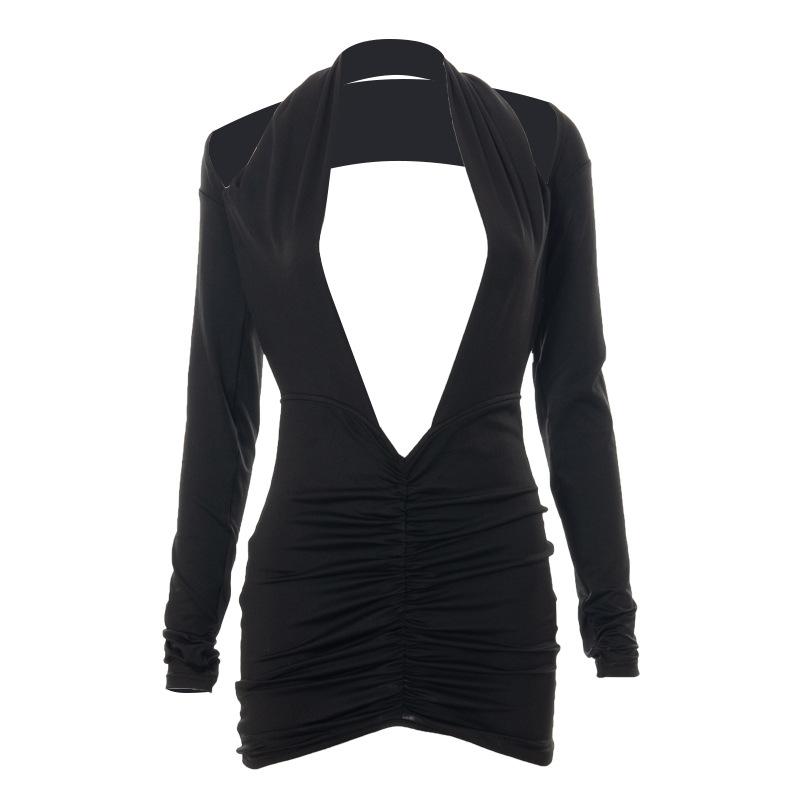 Long Sleeve V-Neck Halter Dress