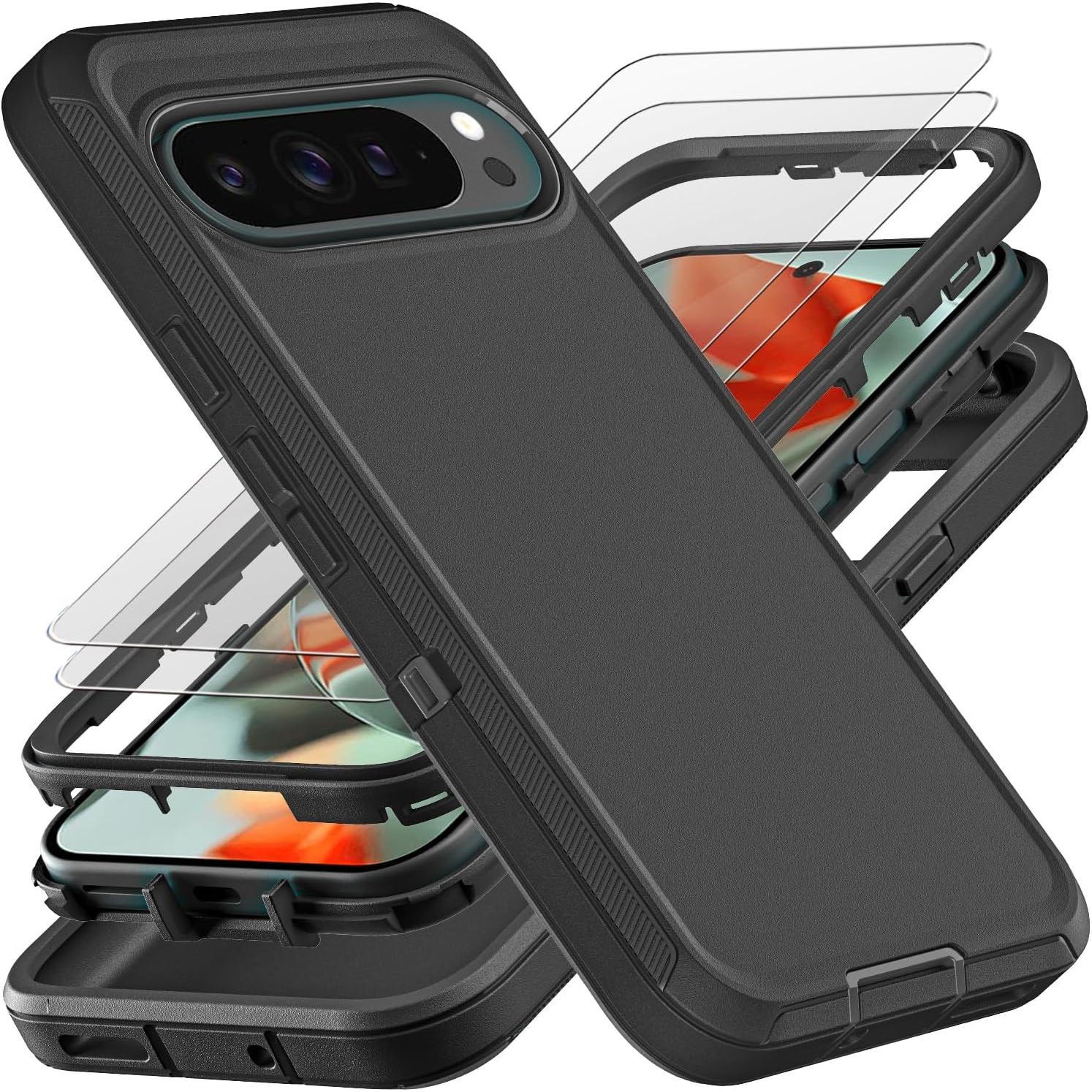 for Google Pixel 9 Pro XL Case, Military Grade 3 in 1 Heavy Duty Shockproof/Drop Proof/Dust Proof Case with 2Pcs Tempered Glass Screen Protector (Black/Black)