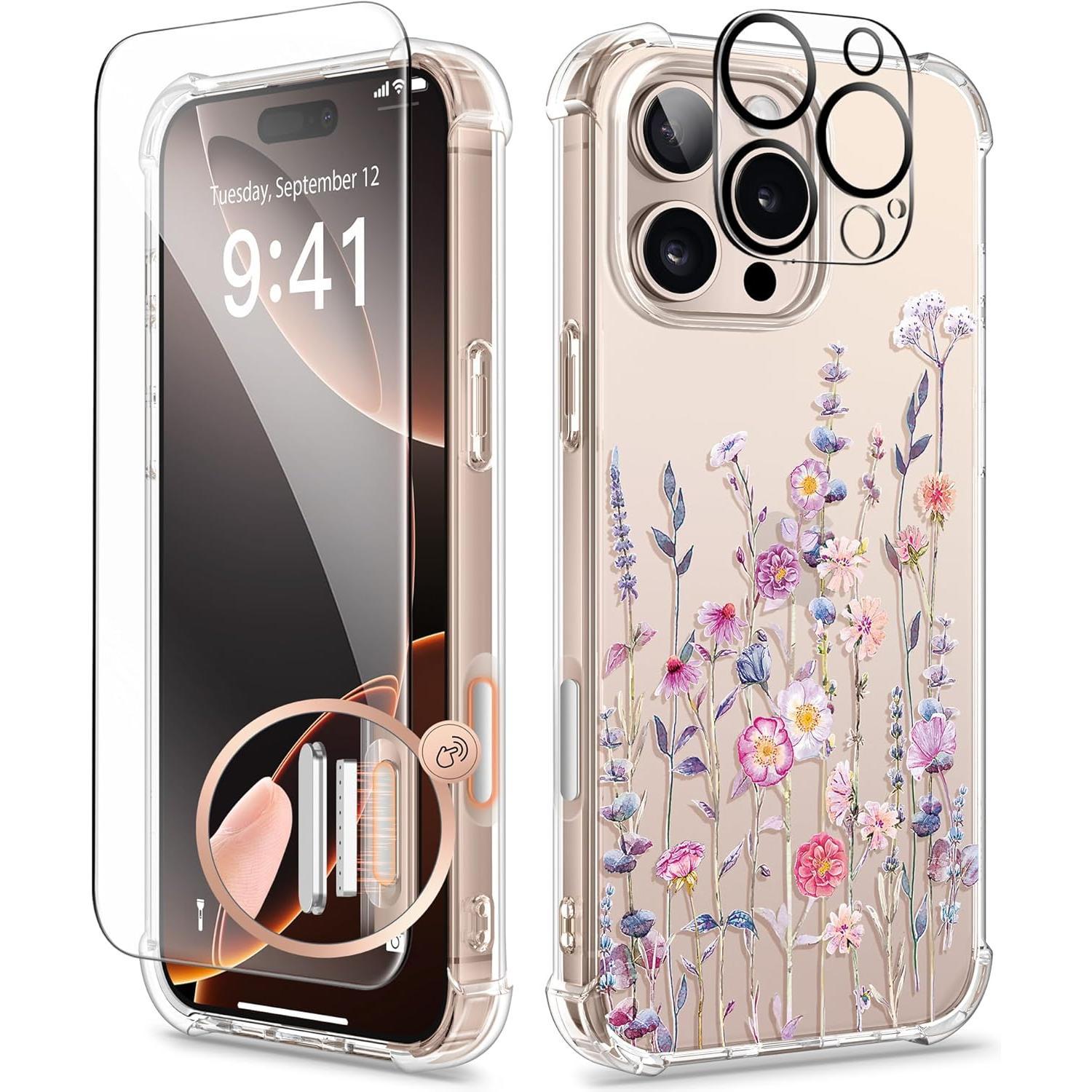 GVIEWIN for iPhone 16 Pro Max Case with Screen Protector & Camera Lens Protector, [Military Grade Protection] Clear Shockproof Slim Floral Phone Cover for Women Girls 6.9