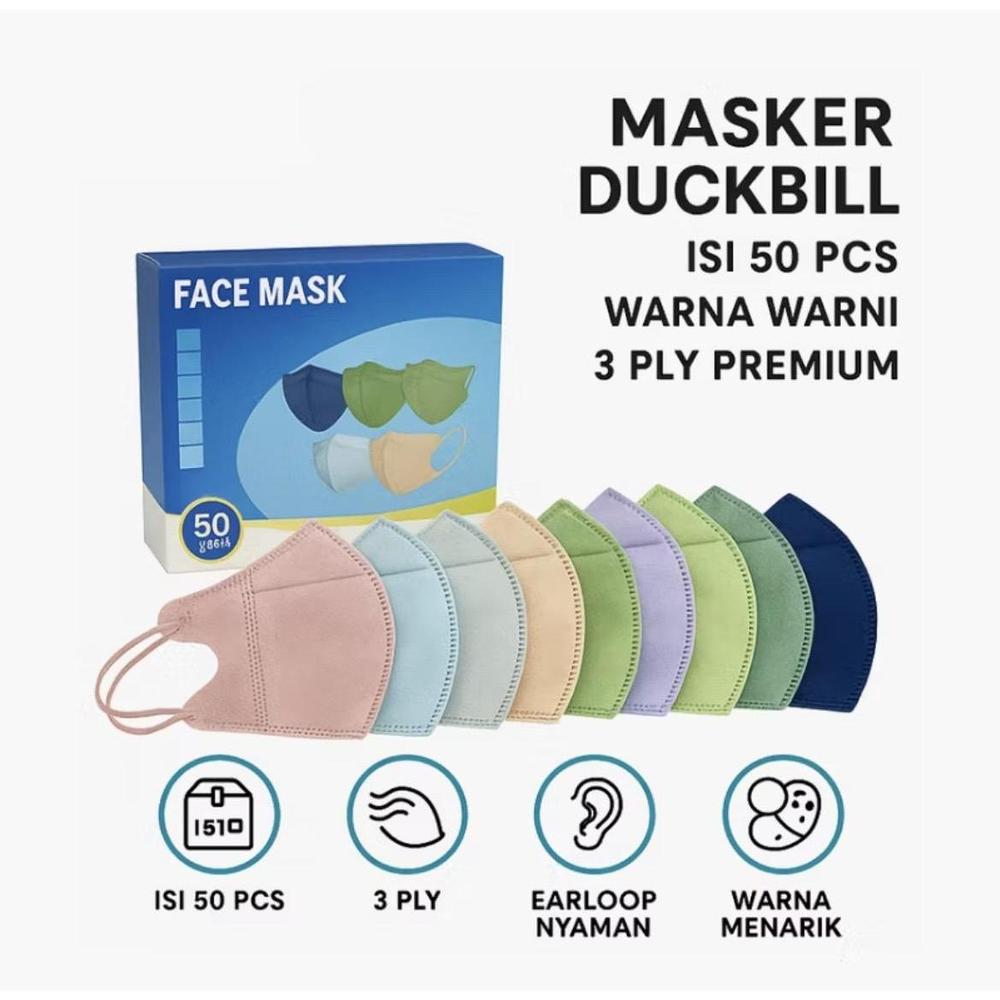 Masker Duckbill Mix Warna Face Mask 3 Ply isi 50 Pcs Kualitas Bagus Tali Kuat Warna Menarik