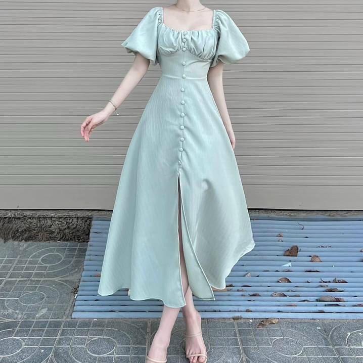 [Hàng Trend Hè] Đầm Váy Thời Trang Nữ Maxi Tay Ngắn Cổ Vuông Xẻ Tà. C…