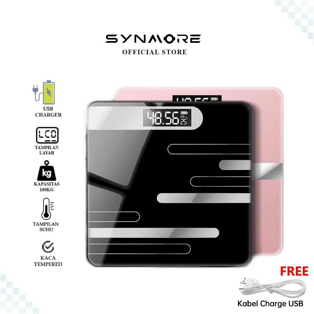 SYNMORE Timbangan Badan Digital Max180Kg USB Charge LCD Scale Kaca Tempered Glass 26X26cm dengan Tampilan Suhu & Kabel Charge Gratis - 25D020-Black-USB