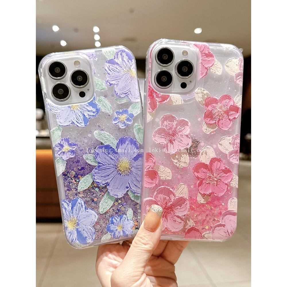Luminous Sequins Glitter Quicksand Case for iPhone 15 14 Pro Max Plus 16 Cover Art Oil Painting Shell Dynamic Liquid Phone Funda