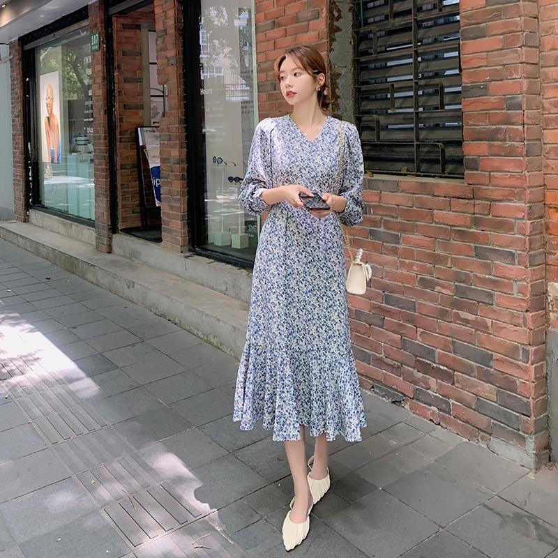 Blue fishtail floral dress women 2022 new French long-sleeved V-neck …