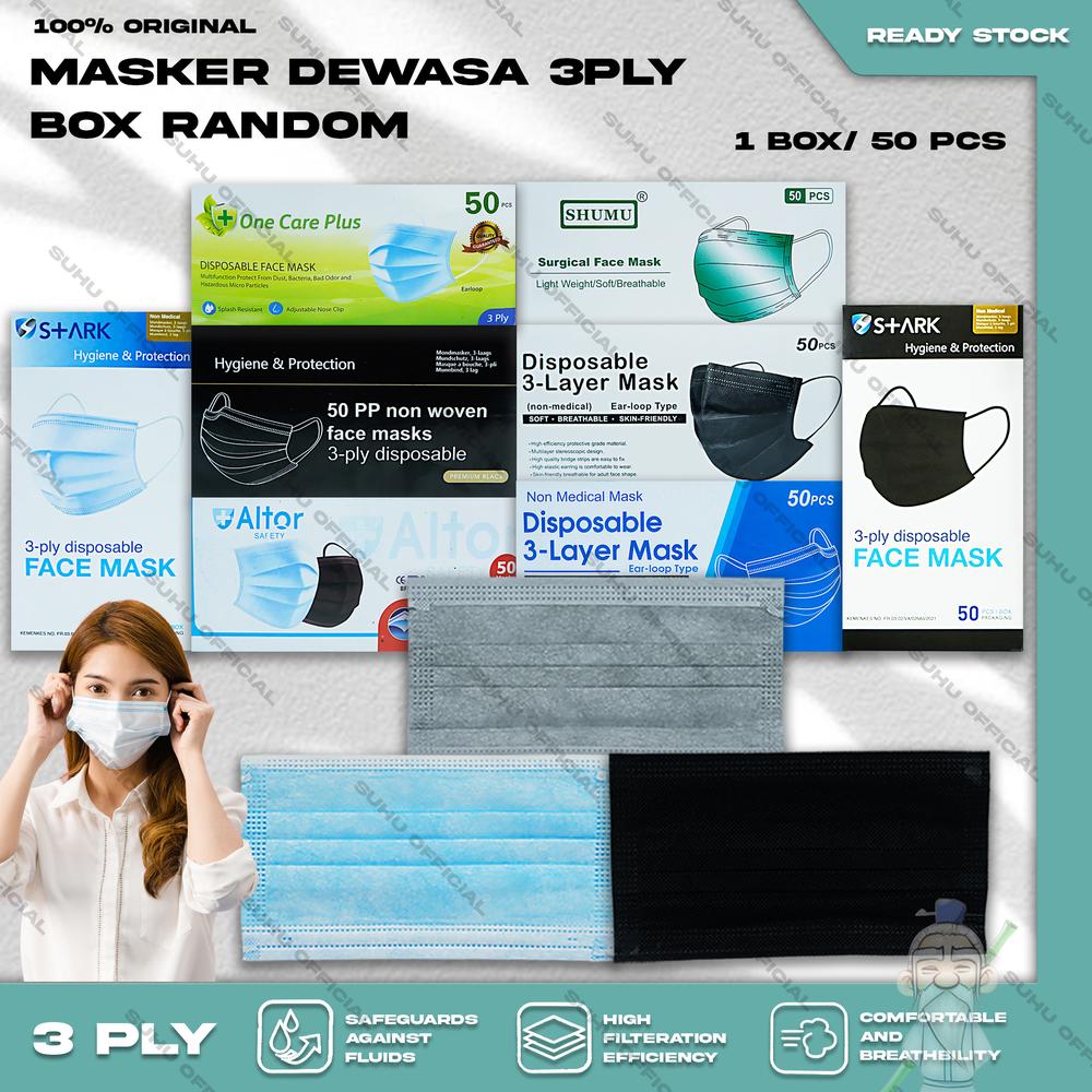 Masker Medis 3Ply isi 50Pcs Putih  Hitam Ab Biru Hijau Warna Earloop Headloop Surgical Mask Dewasa tali Karet elastis - 3PLY H&W IJO