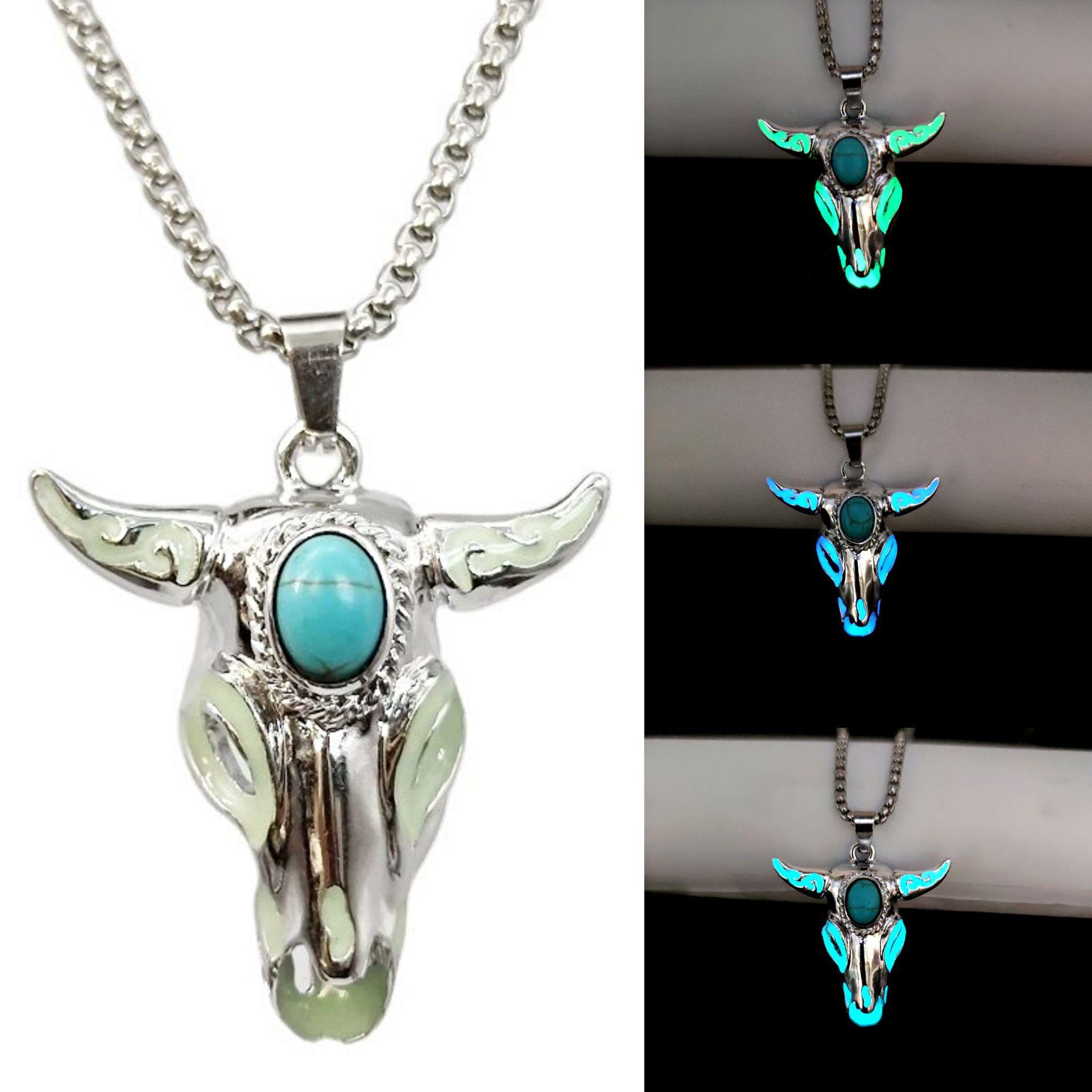 Night Luminous Skull Bull Head Pendant Necklace Men Jewelry Stainless steel chain Glow In The Dark Punk Skeleton Necklace For Women_voghion.com