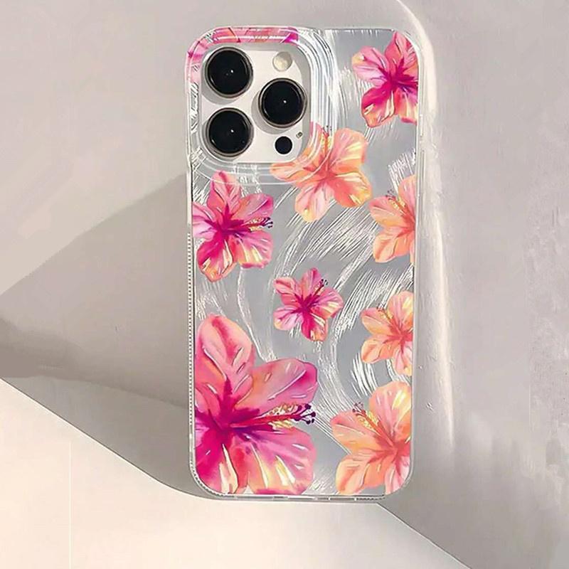 Shiny Phone Case For iPhone 16 15 14 13 12 11 Pro Max 16E XS X XR 7 8 Plus SE2 CWatercolor Hibiscus Flower Pattern Hard Cover
